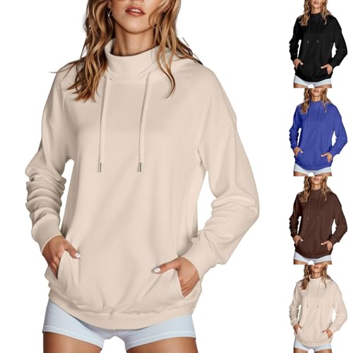 KOG Hoodie Damen Baumwolle Kapuzenpullover Einfarbig Hooded Sweatshirt Casual Frau Bekleidung Fashion Oberteile Basic Frauen Retro Oversized Langarmshirt Sweatshirt mit Kapuze Beige XL von KOG
