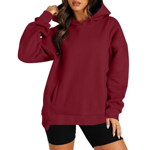 KOG Hoodie Damen Baumwolle Kapuzenpullover Einfarbig Hooded Sweatshirt Elegant Hoodies Frau Pullover Elegante Oberteil 2025 Teenager Mädchen Casual Locker Bekleidung Kleidung Rot M von KOG