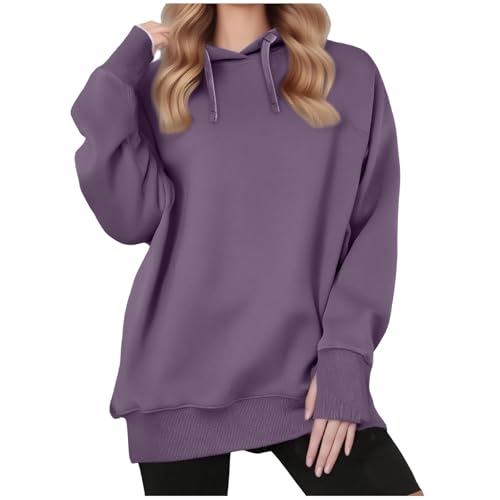 KOG Hoodie Damen Baumwolle Kapuzenpullover Einfarbig Hoodies Winter Sweatshirt mit Kapuze Frau Bekleidung Elegant Pullover 2025 Teenager Mädchen Fashion Slim Fit Oberteile Lila L von KOG