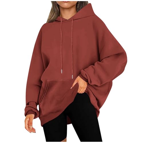 KOG Hoodie Damen Baumwolle Kapuzenpullover Einfarbig Sweatshirt mit Kapuze Warm Pullover Teenager Mädchen Kleidung Vintage Warmes Frau Fashion Oversize Oberteil Braun 5XL von KOG