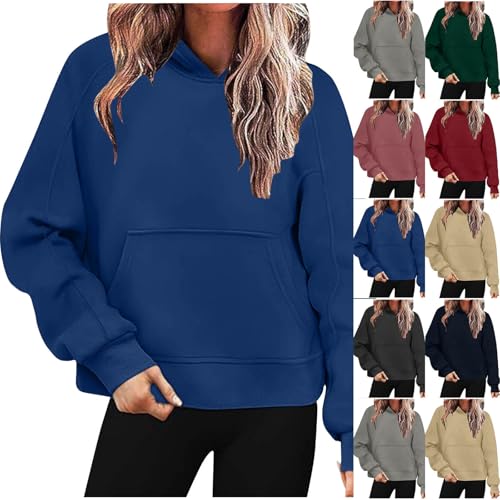 KOG Hoodie Damen Baumwolle Kapuzenpullover Einfarbige Sweatshirt mit Kapuze Winter Teenager Mädchen Bekleidung Elegante Kleidung Freizeit Slim Fit Langarmshirt Pullover Blau S von KOG