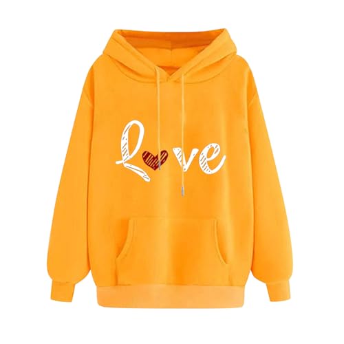 KOG Hoodie Damen Baumwolle Sweatshirt mit Kapuze Einfarbig Hooded Sweatshirt Casual Bekleidung Frauen Kleidung Freizeit Warm Teenager Mädchen Retro Oversized Pullover Gelb XL von KOG
