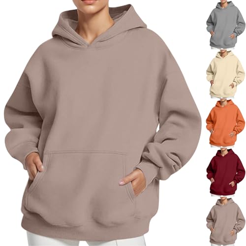 KOG Hoodie Damen Baumwolle Sweatshirt mit Kapuze Einfarbig Hoodies 2025 Oberteile Frau Hooded Sweatshirt Mode Langarmshirt Casual Frauen Warmes Regular Oberteil Kapuzenpullover Khaki M von KOG