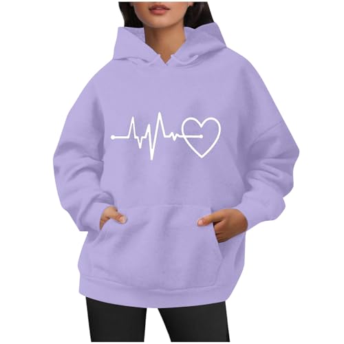 KOG Hoodie Damen Baumwolle Sweatshirt mit Kapuze Einfarbig Hoodies Mode Bekleidung Kapuzenpullover Freizeit Frauen Winter Große Größen Langarmshirt Lila L von KOG