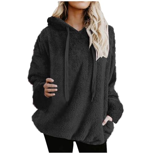 KOG Hoodie Damen Baumwolle Sweatshirt mit Kapuze Einfarbig Hoodies Warm Bekleidung Teenager Mädchen Oberteile Winter Oberteil Vintage Frauen Basic Locker Hooded Sweatshirt Pullover Schwarz XXL von KOG