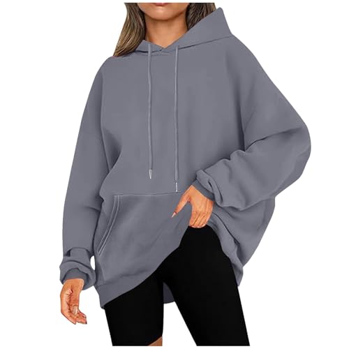 KOG Hoodie Damen Baumwolle Sweatshirt mit Kapuze Einfarbig Kapuzenpullover Elegant Oberteil Hooded Sweatshirt Basic Kleidung Freizeit Frau Mode Regular Pullover Dunkelgrau 5XL von KOG