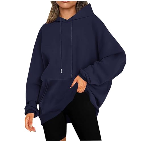 KOG Hoodie Damen Baumwolle Sweatshirt mit Kapuze Einfarbig Kapuzenpullover Elegant Oberteil Hooded Sweatshirt Basic Kleidung Freizeit Frau Mode Regular Pullover Marine 3XL von KOG