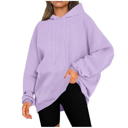 KOG Hoodie Damen Baumwolle Sweatshirt mit Kapuze Einfarbig Kapuzenpullover Elegant Oberteil Hooded Sweatshirt Basic Kleidung Freizeit Frau Mode Regular Pullover Warehouse Deal Lila L von KOG