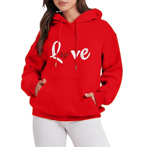 KOG Hoodie Damen Baumwolle Sweatshirt mit Kapuze Einfarbig Kapuzenpullover Winter Oberteil Hooded Sweatshirt Warmes Hoodies Warm Frau Große Größen Pullover Rot M von KOG