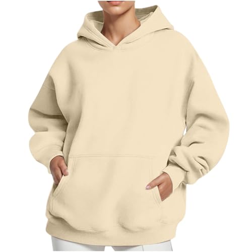KOG Hoodie Damen Baumwolle Sweatshirt mit Kapuze Einfarbige Hooded Sweatshirt 2025 Teenager Mädchen Kleidung Elegant Pullover Casual Mode Slim Fit Oberteile Kapuzenpullover Beige L von KOG