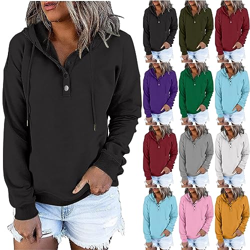 KOG Hoodie Damen Baumwolle Sweatshirt mit Kapuze Einfarbige Hooded Sweatshirt Winter Bekleidung Frauen Kleidung Langarmshirt Fashion Frau Freizeit Kapuzenpullover Oberteil Schwarz XXL von KOG