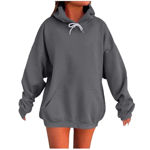 KOG Hoodie Damen Baumwolle Sweatshirt mit Kapuze Einfarbige Hoodies 2025 Teenager Mädchen Oberteile Fashion Kleidung Casual Frau Warme Locker Hooded Sweatshirt Langarmshirt Grau XXL von KOG