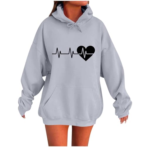 KOG Hoodie Damen Baumwolle Sweatshirt mit Kapuze Grafik Kapuzenpullover 2025 Hooded Sweatshirt Frau Bekleidung Vintage Oberteil Freizeit Teenager Mädchen Warme Lose Oberteile Pullover Grau XL von KOG