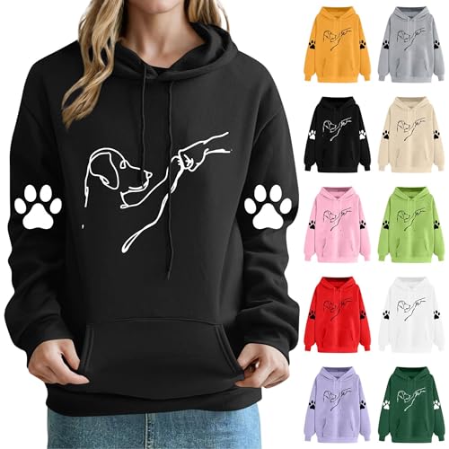 KOG Hoodie Damen Baumwolle Sweatshirt mit Kapuze Hunde-Drucken Hooded Sweatshirt Winter Oberteile Teenager Mädchen Kleidung Freizeit Frau Elegant Oversize Oberteil Pullover Schwarz XL von KOG