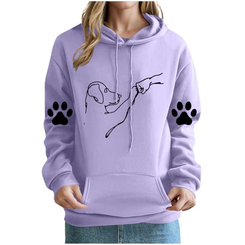 KOG Hoodie Damen Baumwolle Sweatshirt mit Kapuze Hunde-Print Kapuzenpullover Warme Oberteil Frauen Kleidung 2025 Oberteile Elegante Frau Casual Oversized Pullover Bekleidung Lila S von KOG