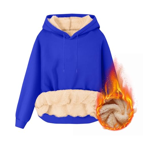 KOG Hoodie Damen Fleecepullover Hooded Sweatshirt Einfarbig Sweatshirt mit Kapuze Winter Bekleidung Teenager Mädchen Hoodies Mode Oberteile Retro Gutschein Slim Fit Amazon Warehouse Deal Blau XL von KOG