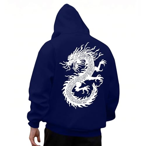 KOG Hoodie Herren Drache Backprint Hooded Sweatshirt Mode Motiv Kapuzenpullover Winter Streetwear Männer Pullover Basic Hoodies Mode Oversized Kapuzenjacke Baumwolle Oberteil Marine 3XL von KOG