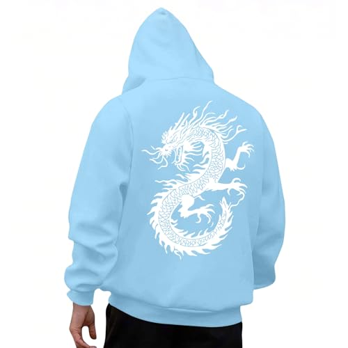 KOG Hoodie Herren Drache Backprint Hoodies Tie-Dye Muster Kapuzenpullover Warmes Bekleidung 2025 Streetwear Warme Jungen Mode Große Größen Hooded Sweatshirt Baumwolle Kapuzenjacke Hellblau XL von KOG