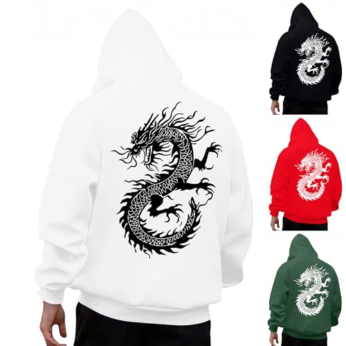 KOG Hoodie Herren Drachen Backprint Hooded Sweatshirt Grafik Kapuzenpullover Warme Junge Bekleidung Winter Streetwear Warm Casual Oversize Sweatshirt mit Kapuze Baumwolle Pullover Weiß 3XL von KOG