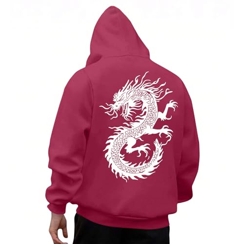 KOG Hoodie Herren Drachen Backprint Sweatshirt mit Kapuze Grafik Drucken Hoodies Warme Oberteile Teenager Kleidung Mode Streetwear 2025 Winter Oversize Baumwolle Kapuzenpullover Wine XXL von KOG