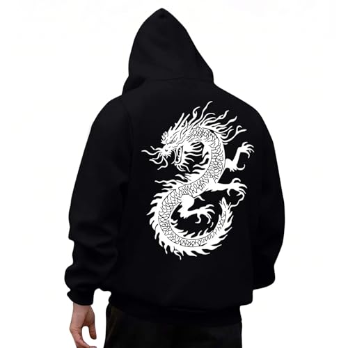 KOG Hoodie Herren Drachen Backprint Sweatshirt mit Kapuze Mode Motiv Hoodies Warmes Oberteil Teenager Pullover Warm Bekleidung 2025 Junge Casual Locker Baumwolle Kapuzenjacke Schwarz XL von KOG