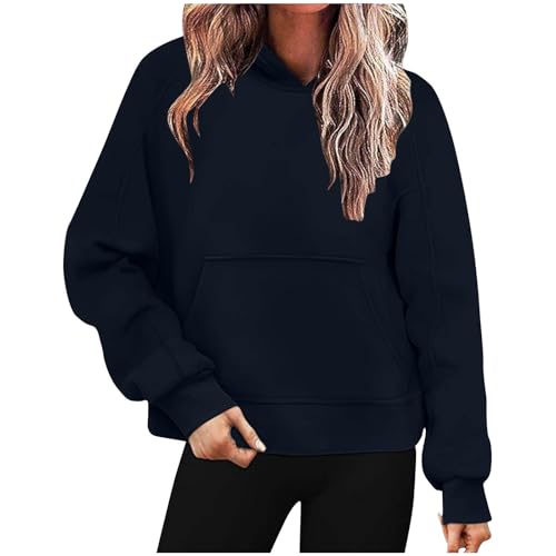 KOG Hoodie für Damen Baumwolle Hooded Sweatshirt Einfarbig Kapuzenpullover Warme Kleidung Frauen Sweatshirt mit Kapuze Freizeit Langarmshirt Elegante Frau Warmes Regular Oberteil Marine S von KOG