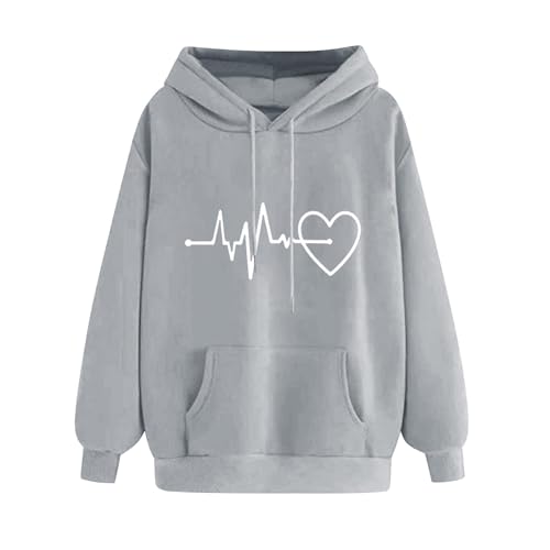 KOG Hoodie für Damen Baumwolle Hooded Sweatshirt Einfarbige Hoodies Elegant Frauen Pullover Mode Langarmshirt Teenager Mädchen Retro Große Größen Kleidung Grau S von KOG