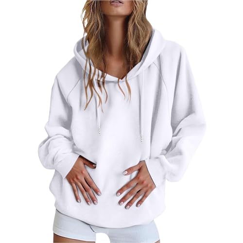 KOG Hoodie für Damen Baumwolle Hooded Sweatshirt Einfarbige Kapuzenpullover 2025 Hoodies Oberteile Freizeit Langarmshirt Vintage Teenager Mädchen Elegant Slim Fit Oberteil Pullover Weiß M von KOG