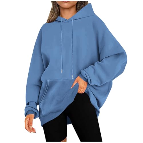 KOG Hoodie für Damen Baumwolle Hooded Sweatshirt Einfarbige Sweatshirt mit Kapuze Casual Oberteile Frau Kapuzenpullover Mode Warmes Frauen Warm Oversized Oberteil Blau M von KOG