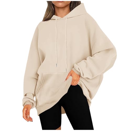 KOG Hoodie für Damen Baumwolle Hooded Sweatshirt Einfarbige Sweatshirt mit Kapuze Warme Oberteil Teenager Mädchen Kapuzenpullover Basic Langarmshirt Mode Vintage Lose Khaki XXL von KOG
