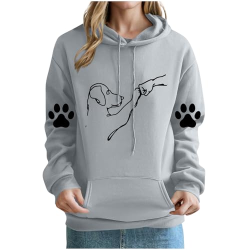 KOG Hoodie für Damen Baumwolle Hooded Sweatshirt Hunde-Print Hoodies 2025 Kapuzenpullover Oberteile Mode Pullover Casual Teenager Mädchen Retro Oversized Sweatshirt mit Kapuze Grau S von KOG