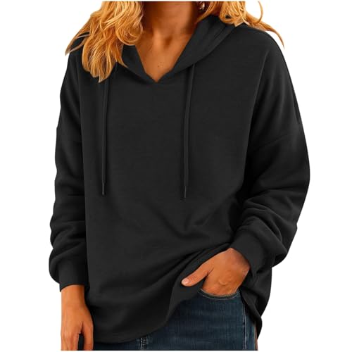 KOG Hoodie für Damen Baumwolle Hoodies Einfarbig Kapuzenpullover Warme Sweatshirt mit Kapuze Frau Warmes Hooded Sweatshirt Freizeit Teenager Mädchen Basic Kleidung Oberteile Schwarz L von KOG