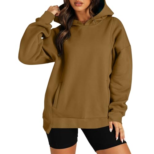 KOG Hoodie für Damen Baumwolle Hoodies Einfarbig Sweatshirt mit Kapuze Warme Kapuzenpullover Frauen Freizeit Bekleidung Retro Frau Winter Locker Pullover Hooded Sweatshirt Kaffee M von KOG