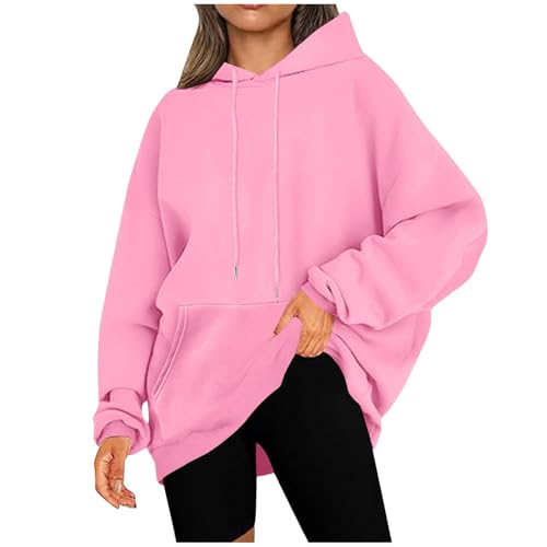 KOG Hoodie für Damen Baumwolle Hoodies Einfarbige Hooded Sweatshirt Warme Pullover Frau Kleidung Warm Langarmshirt Winter Teenager Mädchen Freizeit Locker Oberteile Rosa L von KOG