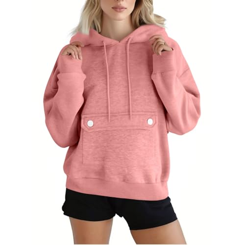 KOG Hoodie für Damen Baumwolle Hoodies Einfarbige Hooded Sweatshirt Winter Oberteile Basic Sweatshirt mit Kapuze Elegant Teenager Mädchen Retro Oversized Kapuzenpullover Kleidung Rosa 3XL von KOG