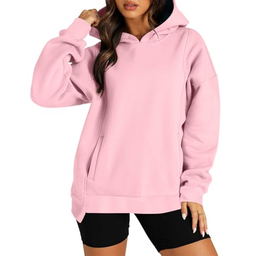 KOG Hoodie für Damen Baumwolle Kapuzenpullover Einfarbig Hooded Sweatshirt Casual Hoodies Kleidung Mode Bekleidung Freizeit Frauen Elegante Slim Fit Langarmshirt Oberteil Rosa XL von KOG