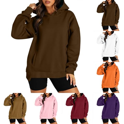 KOG Hoodie für Damen Baumwolle Kapuzenpullover Einfarbig Hooded Sweatshirt Mode Oberteile Bekleidung Elegante Kleidung Vintage Teenager Mädchen Locker Oberteil Langarmshirt Braun XL von KOG