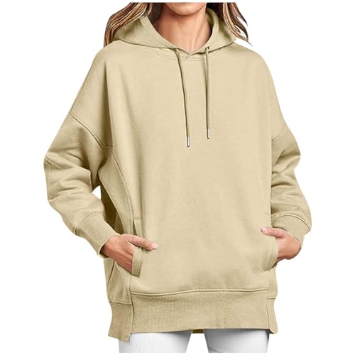 KOG Hoodie für Damen Baumwolle Kapuzenpullover Einfarbig Hoodies Warme Pullover Teenager Mädchen Oberteil Mode Sweatshirt mit Kapuze Elegant Frau Oversized Oberteile Gutscheine Beige L von KOG