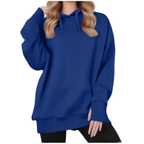 KOG Hoodie für Damen Baumwolle Kapuzenpullover Einfarbig Sweatshirt mit Kapuze Mode Hooded Sweatshirt Oberteil Elegant Casual Frauen Freizeit Slim Fit Langarmshirt Kleidung Blau XL von KOG