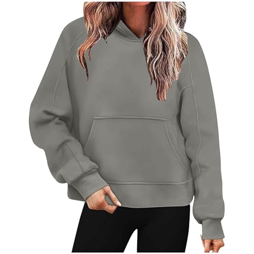 KOG Hoodie für Damen Baumwolle Kapuzenpullover Einfarbige Hooded Sweatshirt Mode Sweatshirt mit Kapuze Frau Oberteil Warmes Hoodies Retro Warm Oversized Langarmshirt Oberteile Grau L von KOG