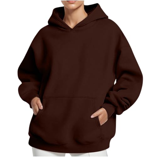 KOG Hoodie für Damen Baumwolle Kapuzenpullover Einfarbige Hoodies Warmes Oberteile Frauen Sweatshirt mit Kapuze Elegante Bekleidung Mode Frau Oversize Langarmshirt Kleidung Kaffee S von KOG