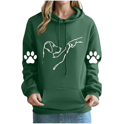 KOG Hoodie für Damen Baumwolle Kapuzenpullover Hunde-Print Hoodies Warmes Hooded Sweatshirt Frauen Kleidung 2025 Warme Teenager Mädchen Casual Slim Fit Pullover Bekleidung Armeegrün XL von KOG
