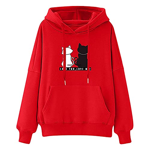 KOG Hoodie für Damen Baumwolle Sweatshirt mit Kapuze Einfarbig Hooded Sweatshirt Elegant Hoodies Frau Kleidung Warmes Oberteil Winter Retro Lose Kapuzenpullover Rot XXL von KOG