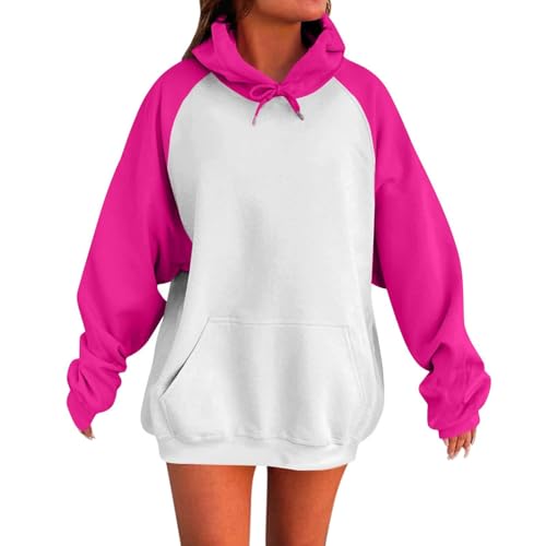 KOG Hoodie für Damen Baumwolle Sweatshirt mit Kapuze Einfarbig Hoodies Winter Oberteile Teenager Mädchen Pullover Vintage Oberteil Warm Frauen Mode Oversized Langarmshirt Pink L von KOG