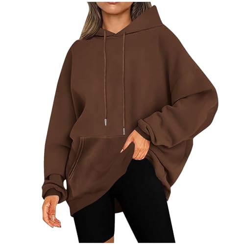 KOG Hoodie für Damen Baumwolle Sweatshirt mit Kapuze Einfarbig Kapuzenpullover Elegant Frau Oberteile Elegante Oberteil Basic Teenager Mädchen Fashion Oversize Langarmshirt Braun 5XL von KOG