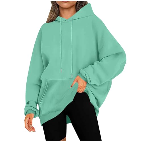 KOG Hoodie für Damen Baumwolle Sweatshirt mit Kapuze Einfarbig Kapuzenpullover Elegant Frau Oberteile Elegante Oberteil Basic Teenager Mädchen Fashion Oversize Langarmshirt Mintgrün L von KOG