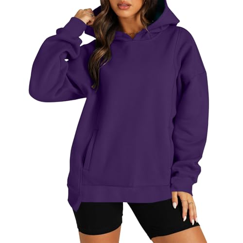 KOG Hoodie für Damen Baumwolle Sweatshirt mit Kapuze Einfarbige Hooded Sweatshirt Warmes Kleidung Frau Freizeit Hoodies Warme Frauen Warm Oversize Kapuzenpullover Oberteile Lila XL von KOG
