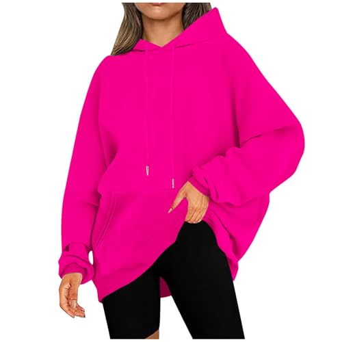 KOG Hoodie für Damen Baumwolle Sweatshirt mit Kapuze Einfarbige Hoodies Basic Oberteile Frau Kapuzenpullover Elegant Pullover Warm Teenager Mädchen Warme Lose Knalliges Pink 5XL von KOG