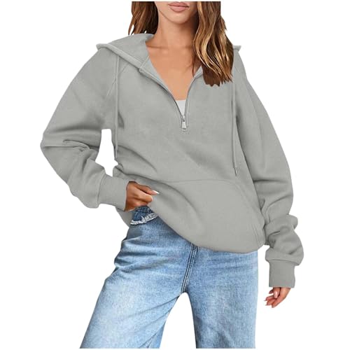 KOG Hoodie für Damen Baumwolle Sweatshirt mit Kapuze Einfarbige Hoodies Elegant Oberteil Teenager Mädchen Retro Kapuzenpullover Winter Elegante Regular Pullover Oberteile Grau XXL von KOG