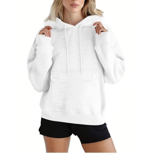 KOG Hoodie für Damen Baumwolle Sweatshirt mit Kapuze Einfarbige Kapuzenpullover Warm Frau Kleidung Vintage Oberteile Freizeit Frauen Elegant Große Größen Oberteil Langarmshirt Weiß L von KOG